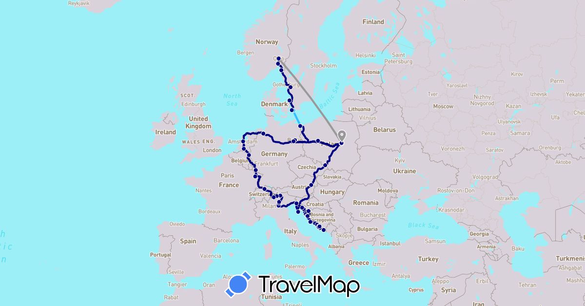 TravelMap itinerary: driving, plane, boat in Austria, Switzerland, Germany, France, Croatia, Italy, Netherlands, Norway, Poland, Sweden (Europe)